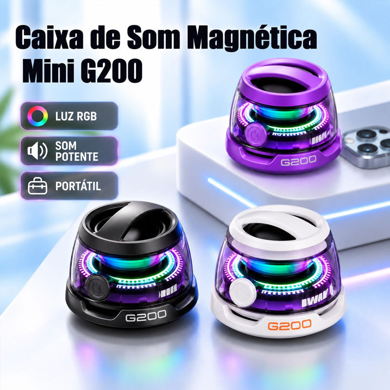 Caixa de Som Magnética Mini G200 Caixa De Som Bluetooth portátil mini Speaker Com luzes coloridas