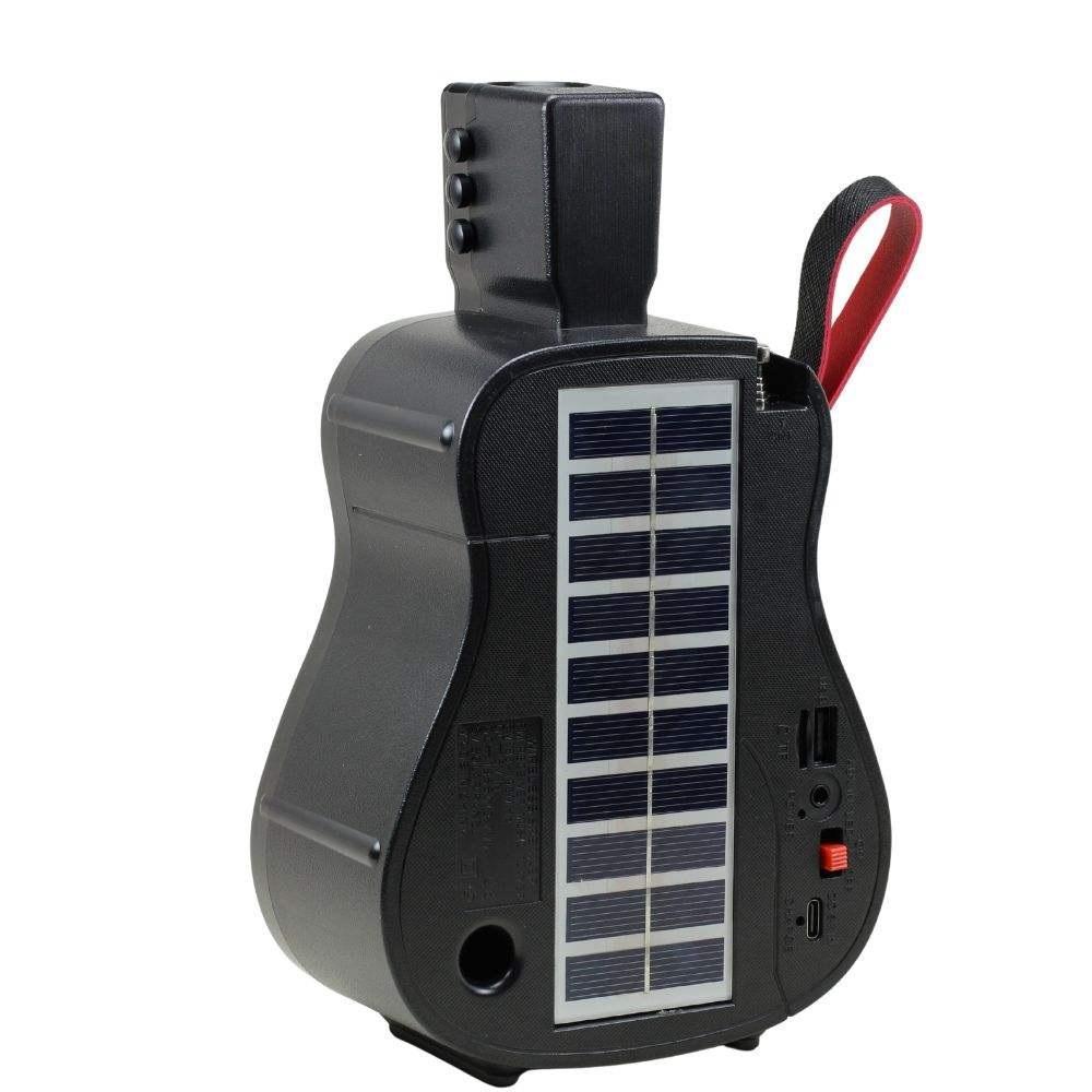 Caixa de Som Bluetooth em Formato de Violão com Painel Solar, Lanterna LED 3W, Rádio FM, Entradas USB, Cartão Micro SD