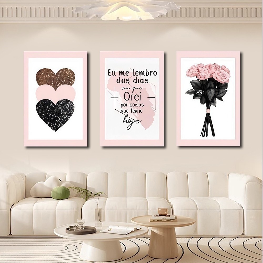 KIT 3 Quadros Decorativos Flores I Remember Praying Pink Heart Decoração de Parede Sala de Estar Quarto 1