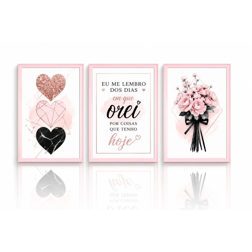 KIT 3 Quadros Decorativos Flores I Remember Praying Pink Heart Decoração
