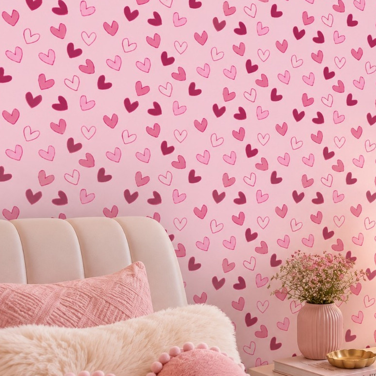 Papel de Parede Adesivo de Coração Rosa Claro Escuro Pink Delicado Quarto Menina Heart