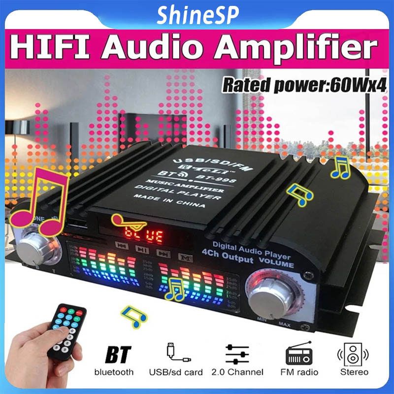 BT-998 Amplificador De Som Digital Wi-Fi , 12V , 1600W , 4 Canais , Áudio , Rádio FM , Bluetooth 5.0 , Karaokê