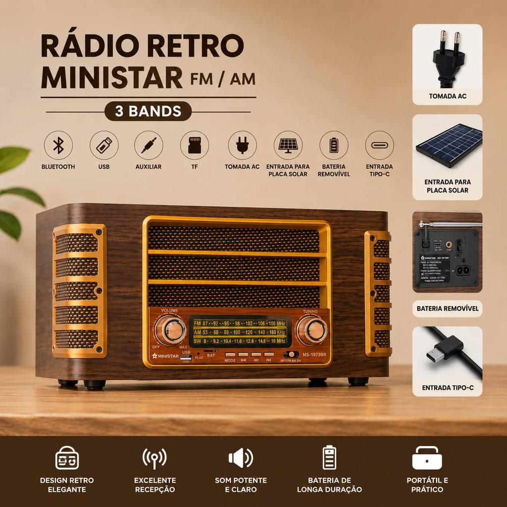 RADIO MINISTAR RETRO ESTILO VINTAGE AM / FM / SW 3 BANDAS / COM BLUETOOTH