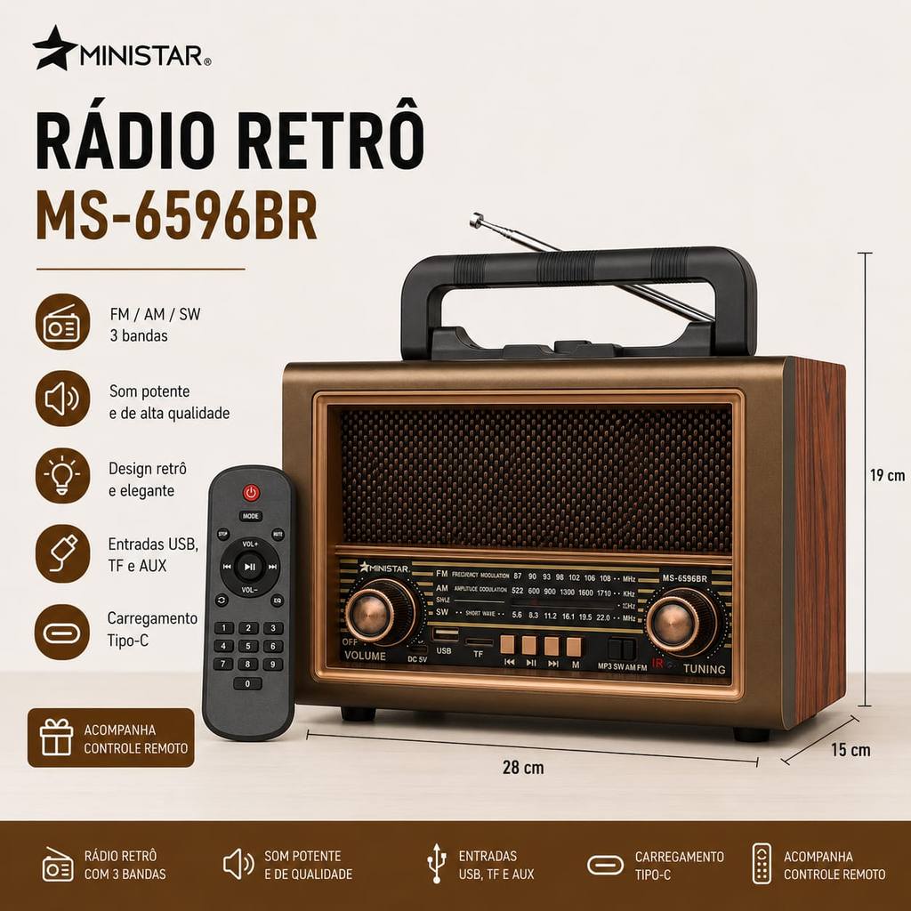 RADIO RETRO MINISTAR MS-6596BR FM/AM/SW 3 BANDAS C/BLUETOOTH