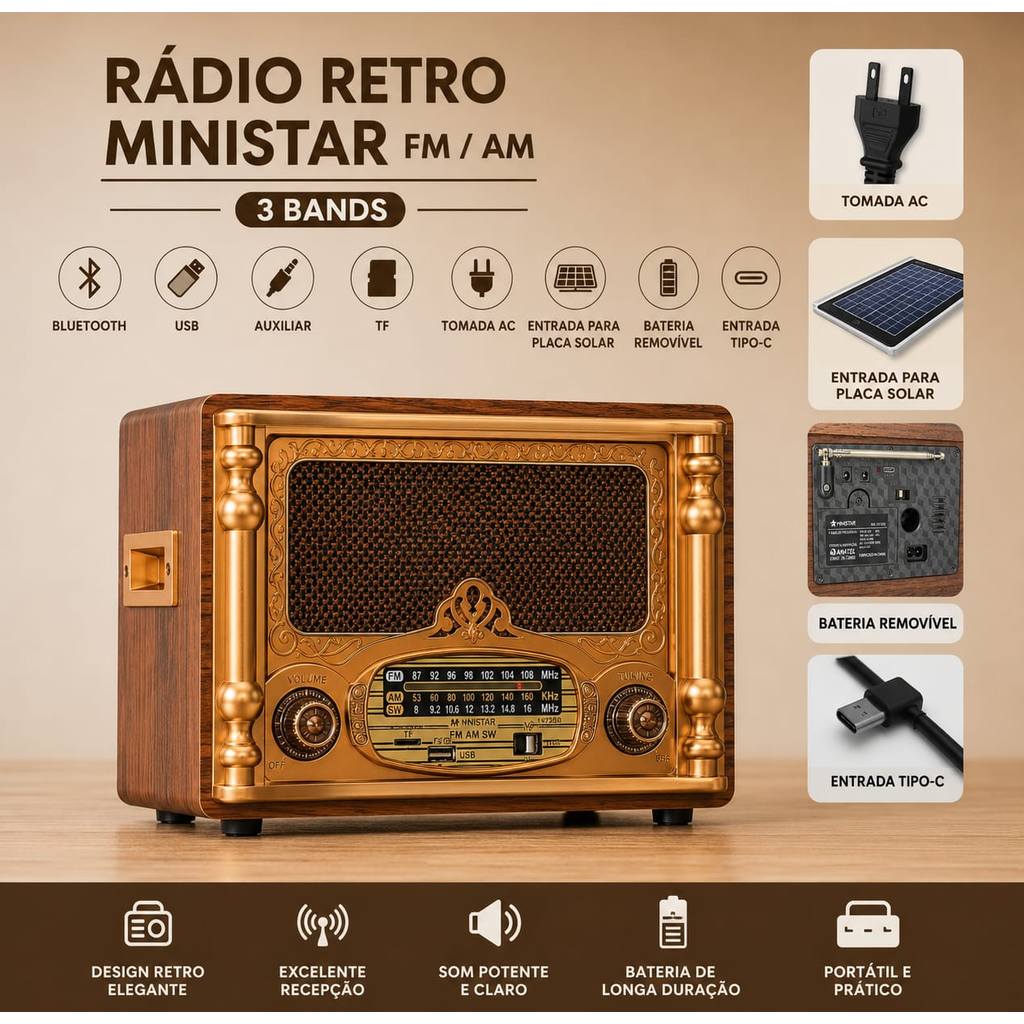 RADIO RETRO ESTILO VINTAGE MINISTAR AM / FM / SW 3 BANDAS