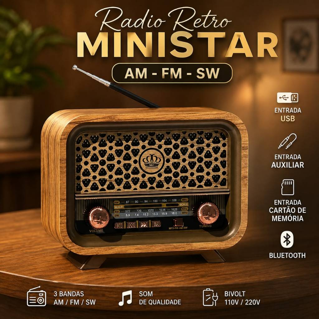Radio retro ministar MS-3010 AM/FM/SW 3 Bandas / Com bluetooth