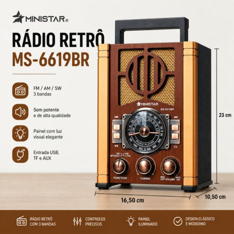 RADIO RETRO MINISTAR MS-6619 AM/FM/SW 3 BANDAS C/BLUETOOTH