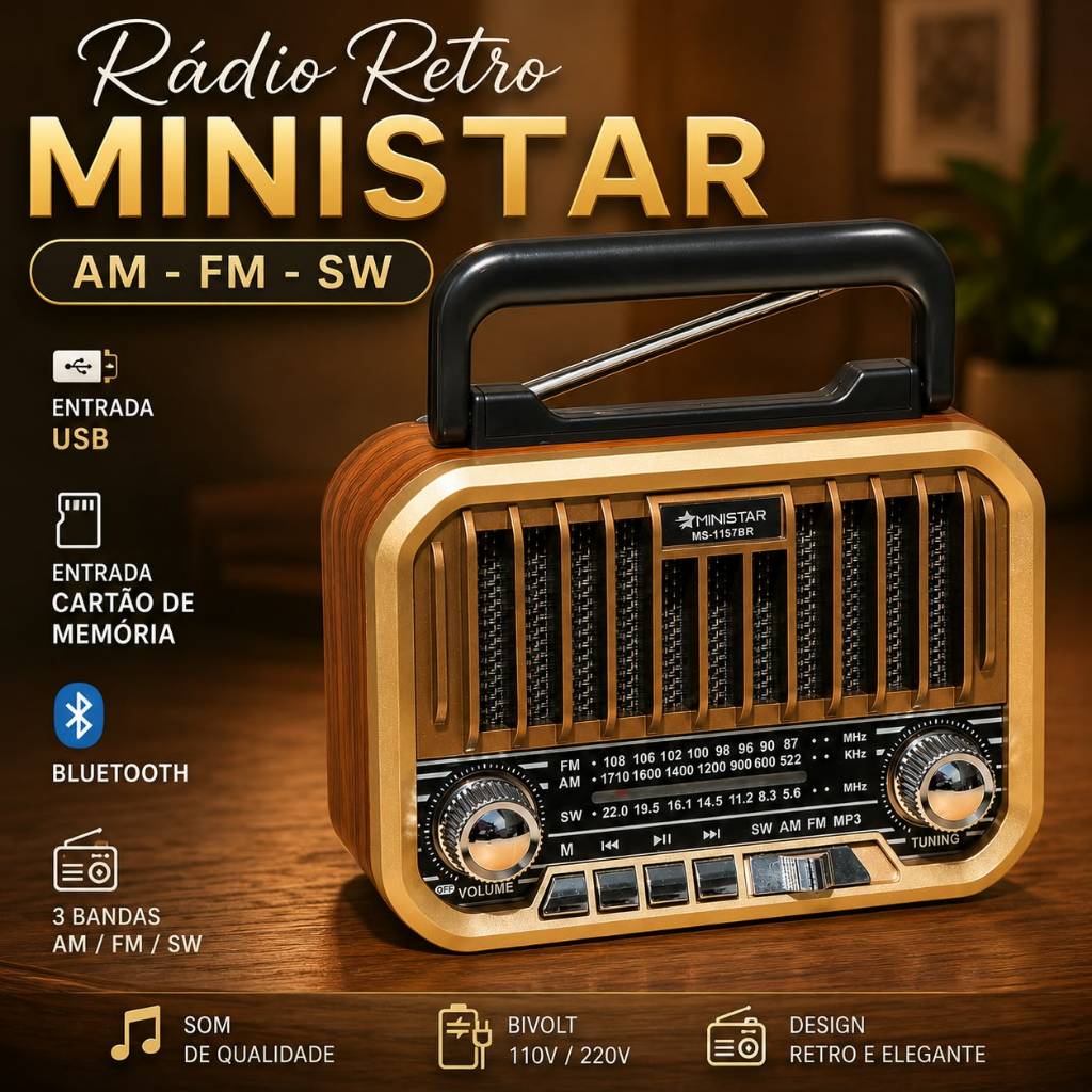 RADIO RETRO MINISTAR MS-1157 AM-FM-SW 3 BANDAS COM BLUETOOTH