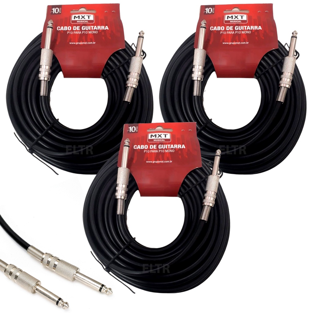 Kit 3 Cabo P10 P10 Mono Guitarra Violão Baixo Cavaquinho Caixa Som Amplificador 10m Metros