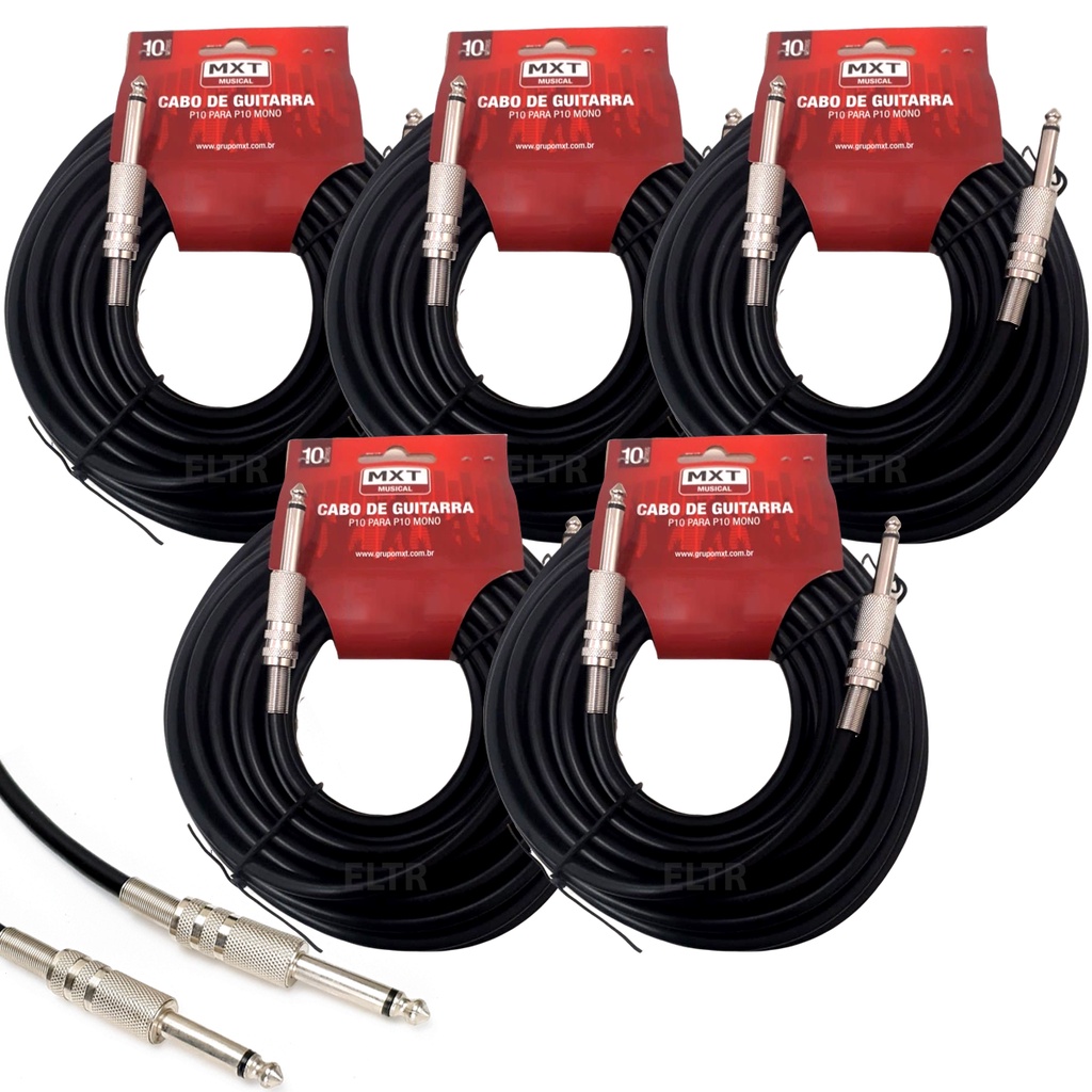Kit 5 Cabo P10 P10 Mono Guitarra Violão Baixo Cavaquinho Caixa Som Amplificador 10m Metros
