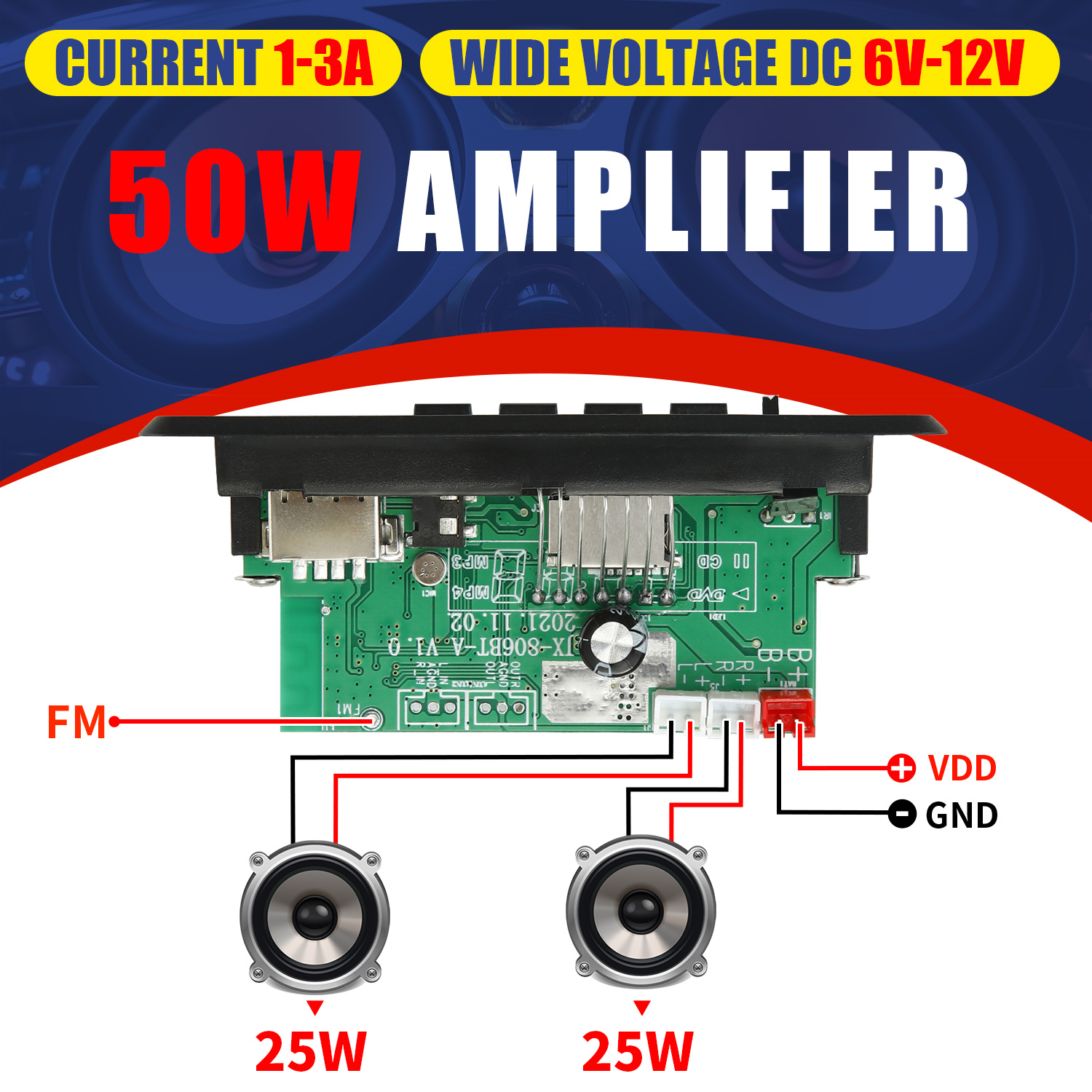 Novo Amplificador DC 12V 50W Placa de Player MP3 Bluetooth 5.0 Rádio FM Módulo Receptor TF USB 3.5mm AUX