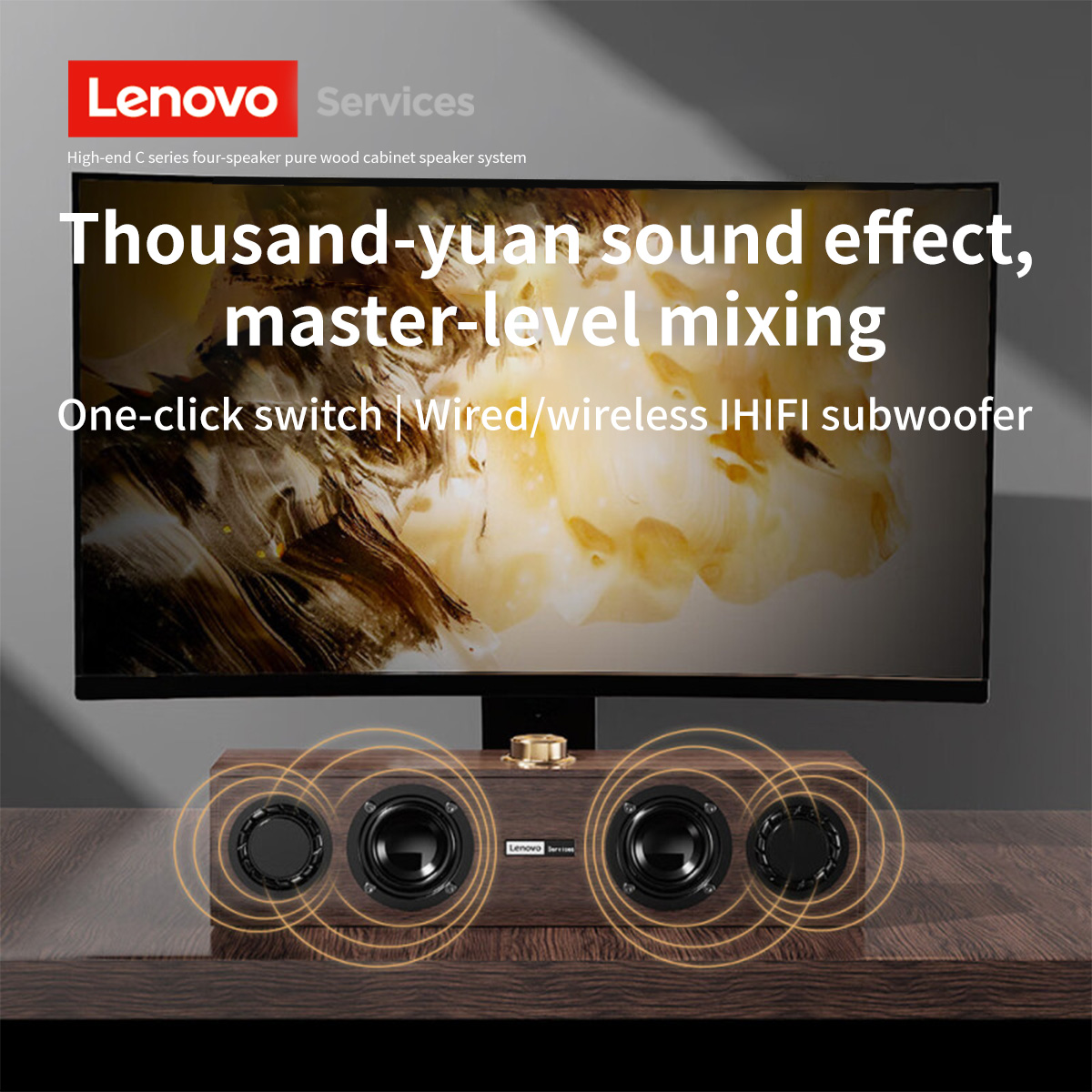 Lenovo C02 Alto-falante portátil com fio e Bluetooth com design retrô, subwoofer para sistema de TV doméstica