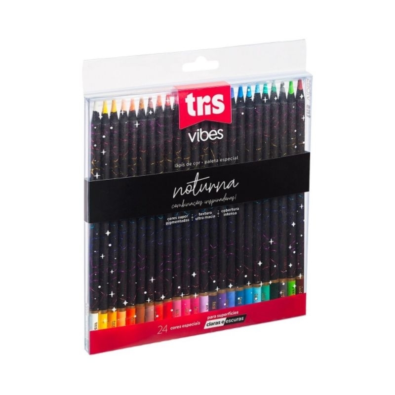 Lápis de cor 24 cores vibrantes escolar vibes noturna tris