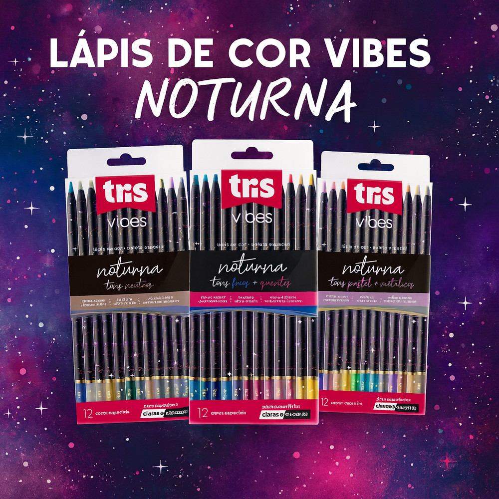 Lápis de Cor Vibes Noturna 12 Cores Tris Traço Resistente e Visual Moderno