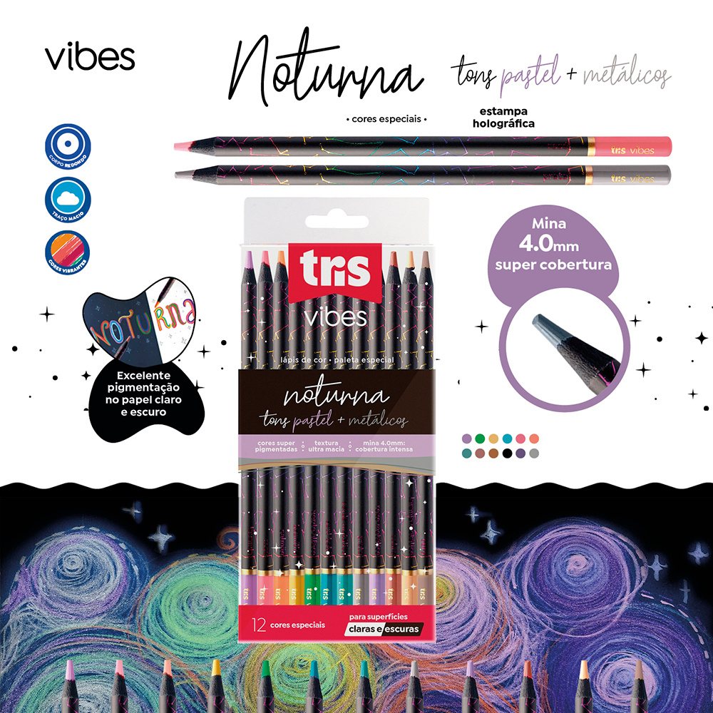 Lápis de Cor Vibes - Noturna - Tons Metálicos e Pastel - 12 Cores - Tris pinta no papel preto ou escuro e claro