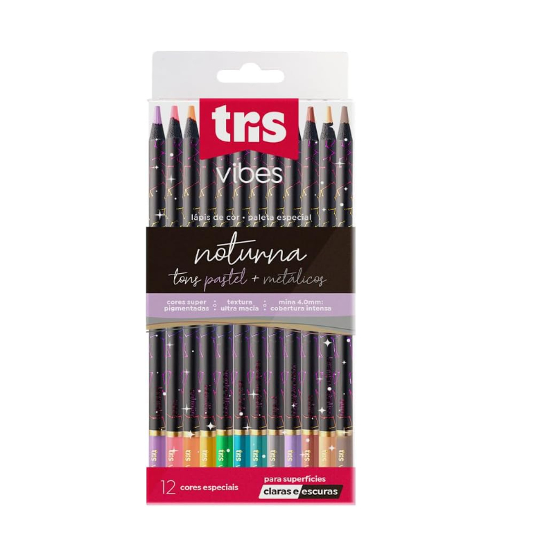 Lapis Cor Tris Vibes Noturno 12 Pastel + Cores Metal