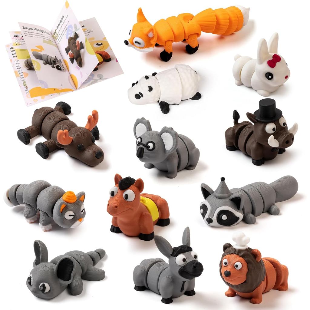 12 PCS 3D Printed Animals Figures Set,Little Animals Articulated Flexible Fidget Toy,Mini Animal Figurines Toy,3D Printe