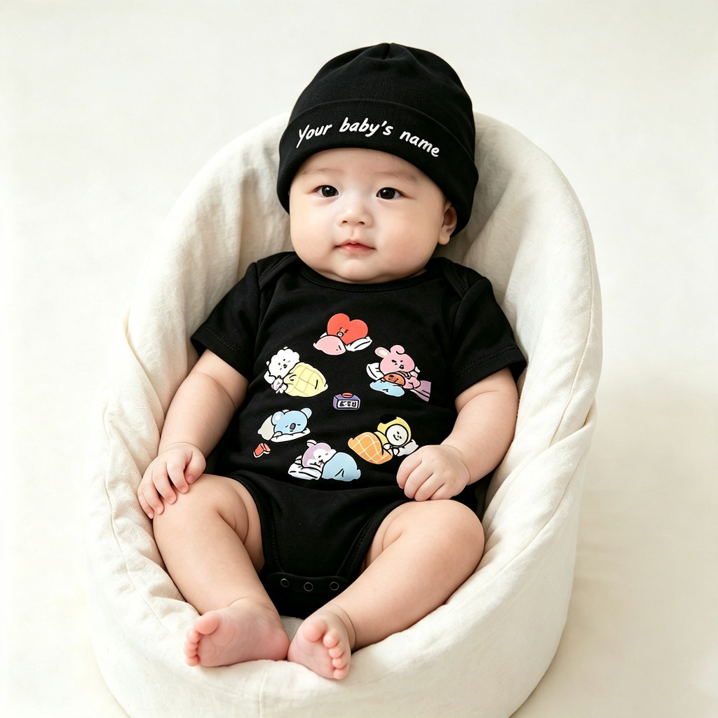 Soft Cotton Infant Bodysuit Set Customizable Name Beanie Lovely Multi Cartoon Animal Print Comfort Baby Outfit Ideal Bab
