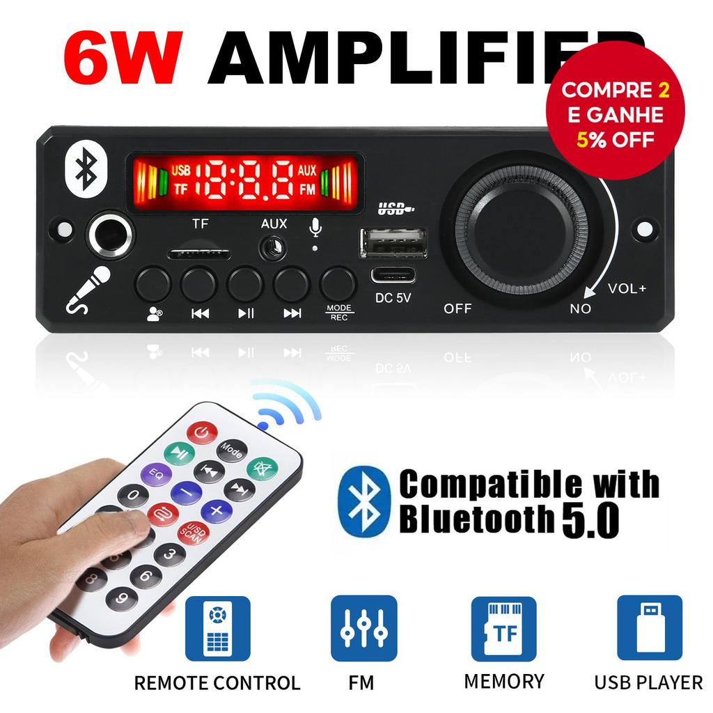 Módulo de áudio Bluetooth 5.0 sem fio MP3 WMA rádio FM receptor, amplificador 6W tendência nova, DC 5V, com USB e TF.