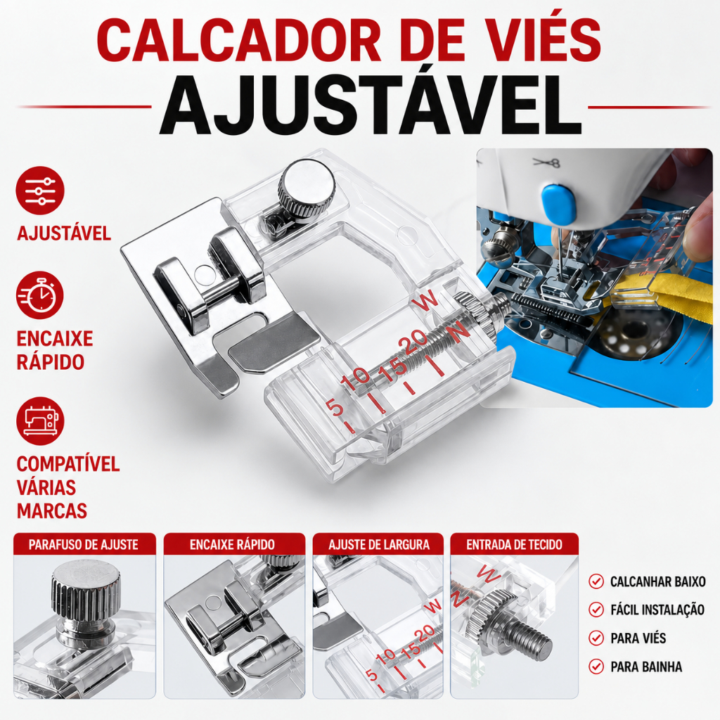 Calcador de Viés Ajustável Encaixe Rápido Calcanhar Baixo para Singer Brother Máquina de Costura