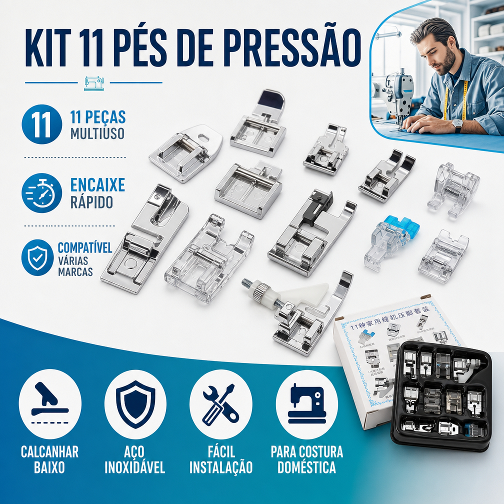 Kit 11 Pés de Pressão Encaixe Rápido Calcanhar Baixo para Brother Singer Janome Máquina Costura Doméstica