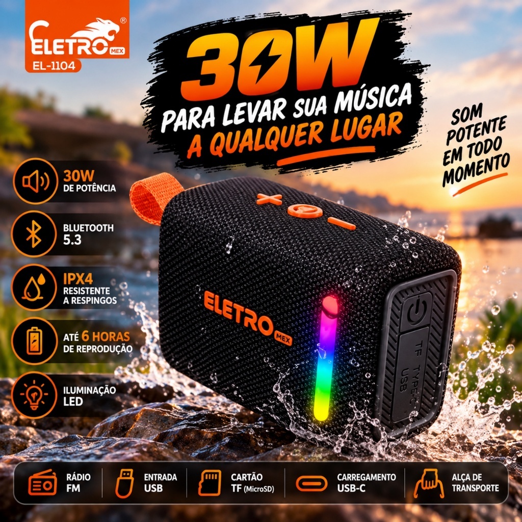 Caixa de Som Bluetooth Portátil 30W com LED IPX4 Resistente à Água Rádio FM USB e Alça