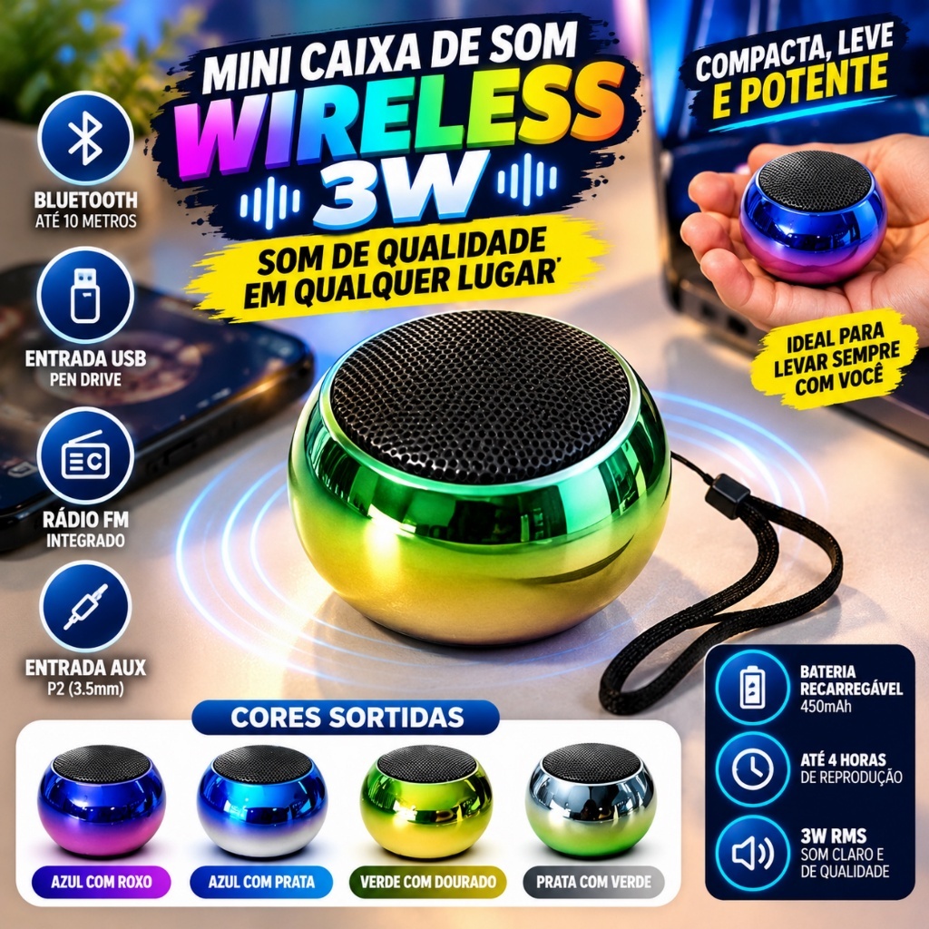 Caixa de Som Bluetooth Portátil Mini Speaker 3W Recarregável com Rádio FM USB e Alça
