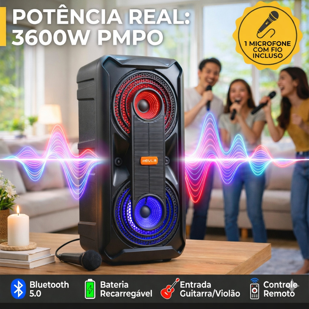 Caixa de Som Bluetooth Potente 3600W com LED TWS Rádio FM USB SD 2x8
