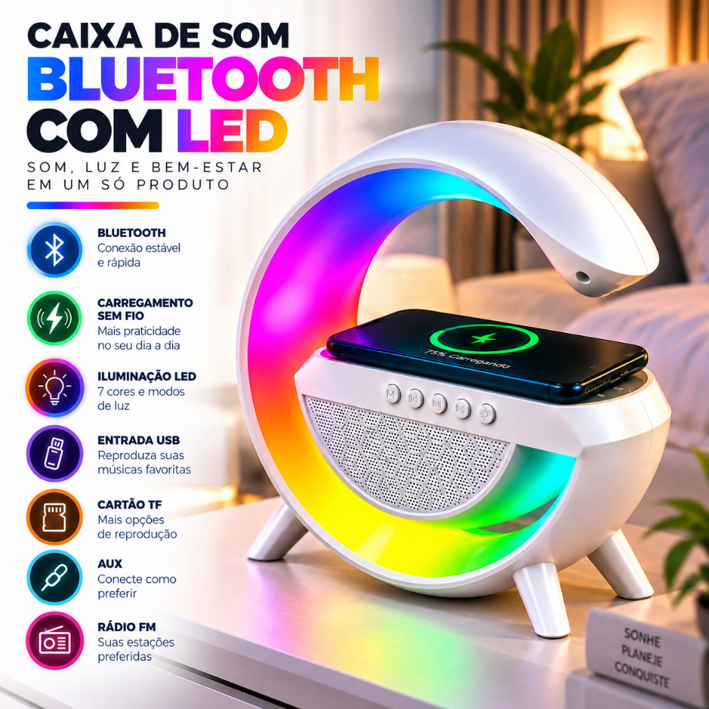 iluminação LED + carregador por indução sem  fio - Caixa de Som Bluetooth LED RGB Rádio FM USB AUX Cartão TF