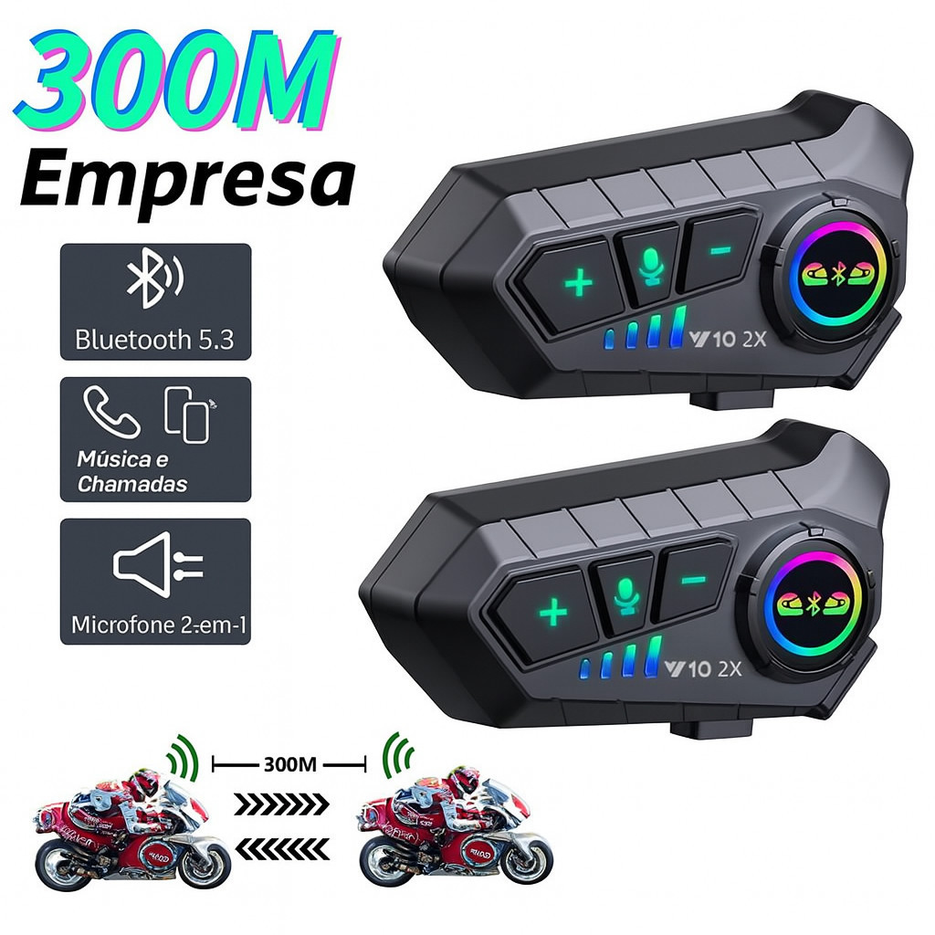 2pcs Intercomunicador Capacete Moto Bluetooth 5.3 300M 2000mAh Mic 2 em 1 Universal p/ Capacete