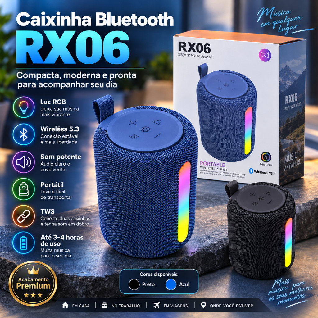 Caixa de Som Bluetooth RX06 Portátil com Luz RGB e Alça Preto ou Azul