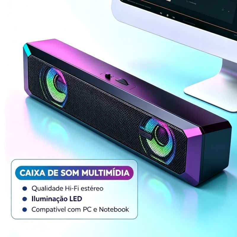 Caixa De Som Multimídia Qualidade Hi-Fi estéreo USB Iluminação LED Potência 6W RMS Áudio Mini Plugue 3,5mm PC e Notebook
