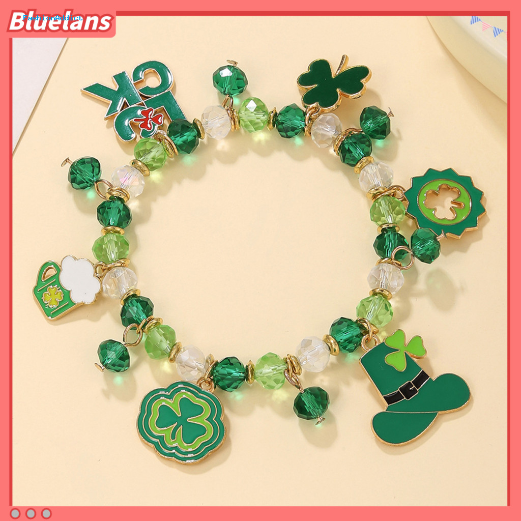 Costume Jewelry for St Patrick Day Shamrock Bracelet Patrick’s Lucky Charm – Irish Beaded Elastic Clover with Glass