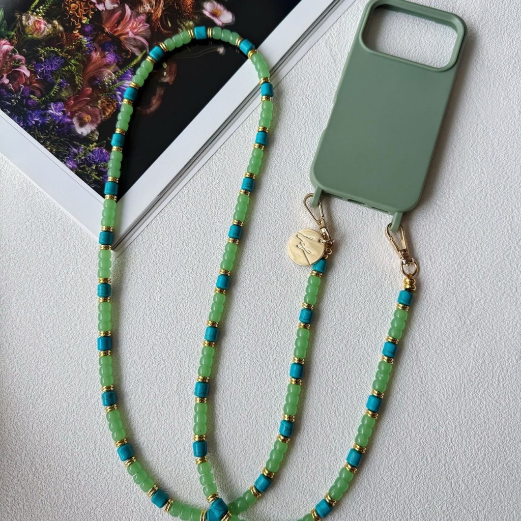 YAF4 LCF Mobile Phone Lanyard ins Wind glass turquoise beaded cross-body anti-loss long phone chain