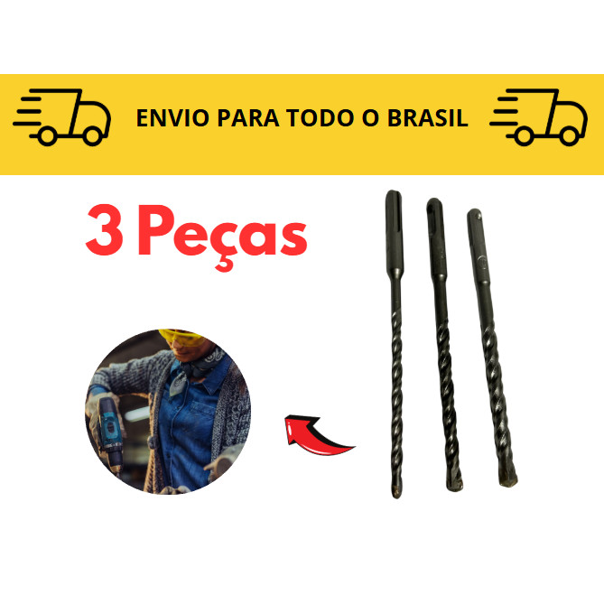 Kit 3 SDS  Brocas encaixe 6, 8, 10 Broca Para Martelete / Rompedor / Impacto