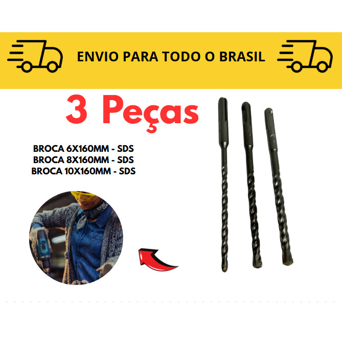 Kit 3 SDS Para Martelete / Impacto / Brocas encaixe 6, 8, 10 Rompedor