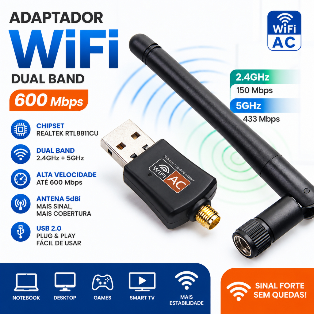 Adaptador WiFi USB AC 600Mbps Dual Band 2.4G 5G Antena Realtek RTL8811CU para PC Notebook
