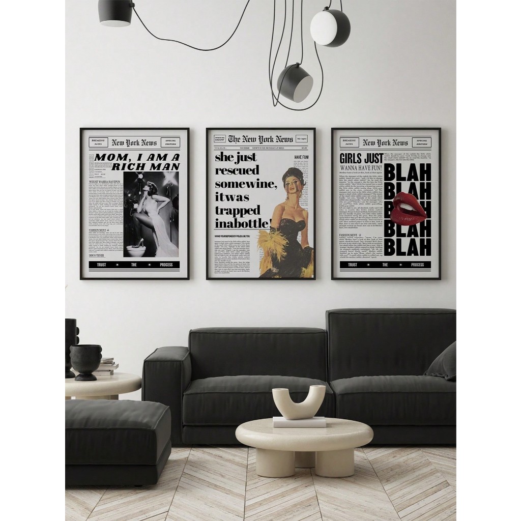 Quadros decorativos Jornal Vintage Retro Glamour Boca (3 peças)