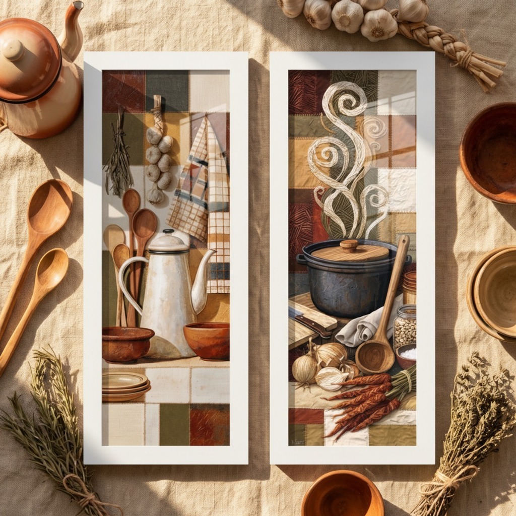 Kit 2 Quadros Decorativos Cozinha Retrô Vintage 18x45 cm Moldura Madeira e Vidro Copa Área Gourmet