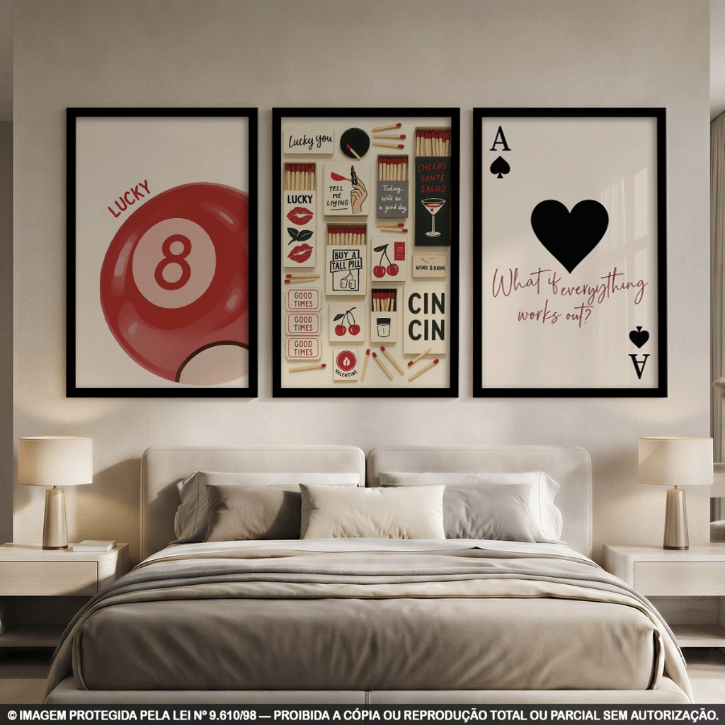 Kit 3 Quadros Decorativos Vintage – Bilhar, Bar e Carta de Baralho Retrô
