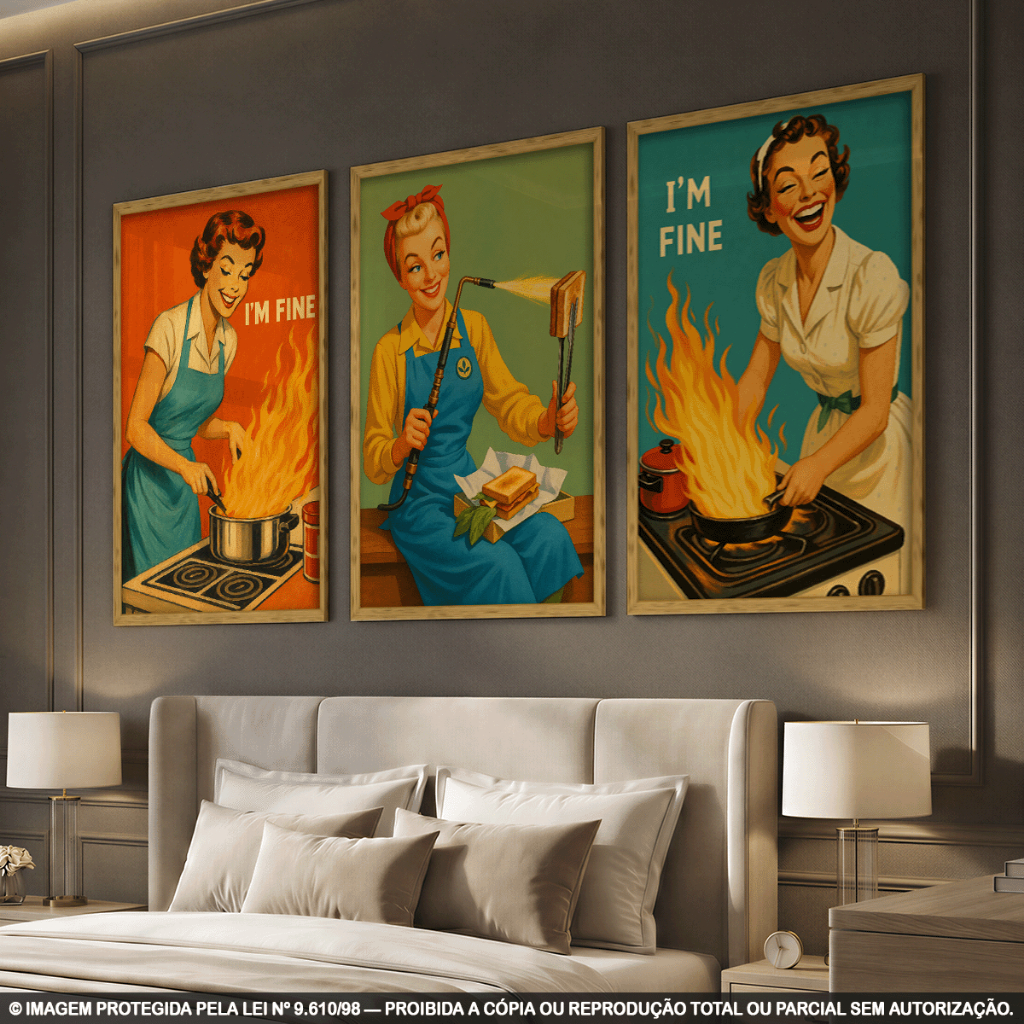 Kit 3 Quadros Decorativos Cozinha Retrô – Mulheres Pin-Up “I’m Fine” com Humor Vintage para Cozinha, Área Gourmet