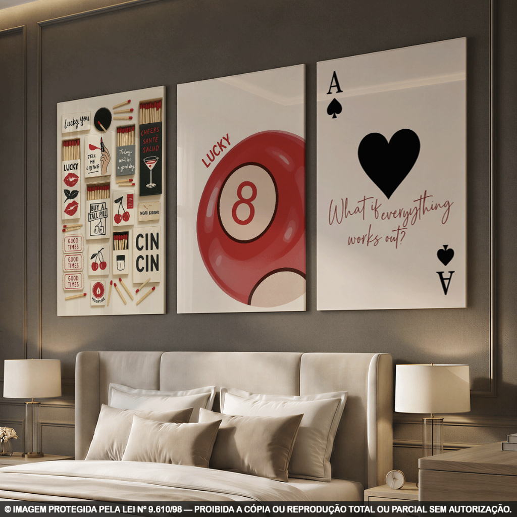 Kit 3 Quadros Decorativos Retrô Lucky 8, Carta e Fósforos | Estilo Vintage Cassino | Decoração Moderna em MDF 3mm