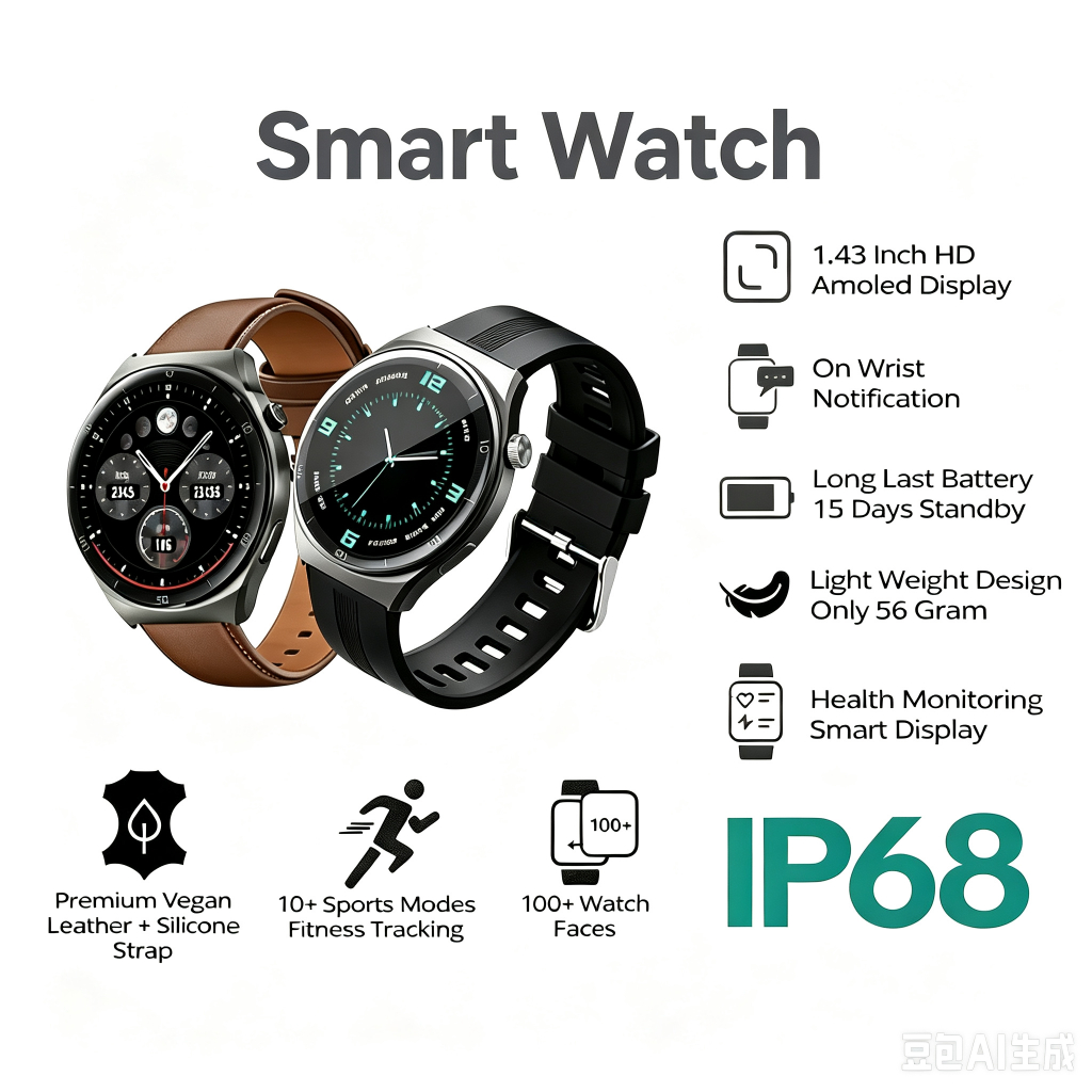 Relógio Masculino Smartwatch Masculino Tela 1.43 AMOLED HD IP68 Empresarial Batimento Cardíaco SpO2 15 Dias em Standby