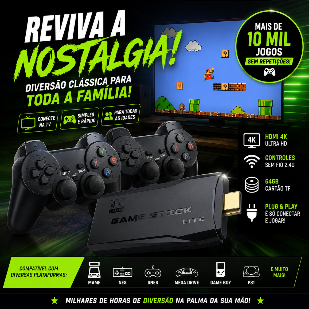 Mini Console Gamer Retrô HDMI 4K Wireless 2 Controles Sem Fio +10 Mil Jogos Clássicos Plug Play 64GB