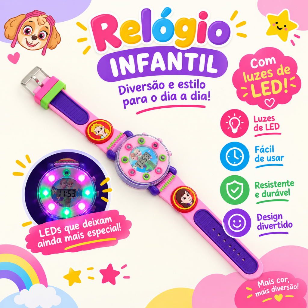 Relógio Infantil Digital Personagens Pulseira de Silicone e Luzes Coloridas Meninos e Meninas