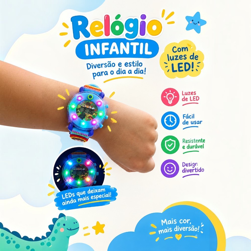 Relógio Infantil Digital Personagens Pulseira de Silicone e Luzes Coloridas