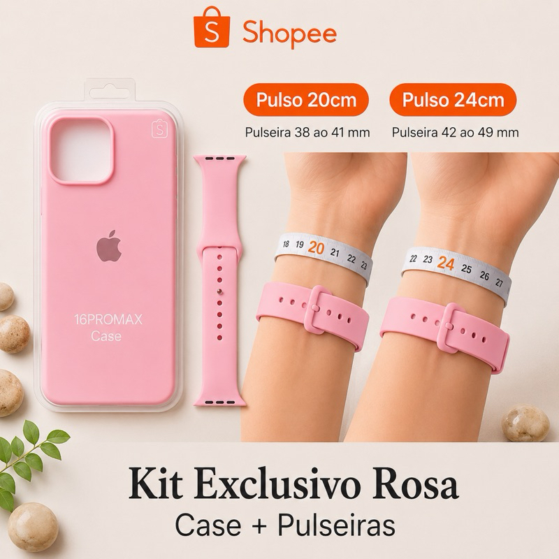 Kit 2 peças Capa + Pulseira para iPhone Rosa Anti Impacto + Pulseira Silicone Sport para Smart watch