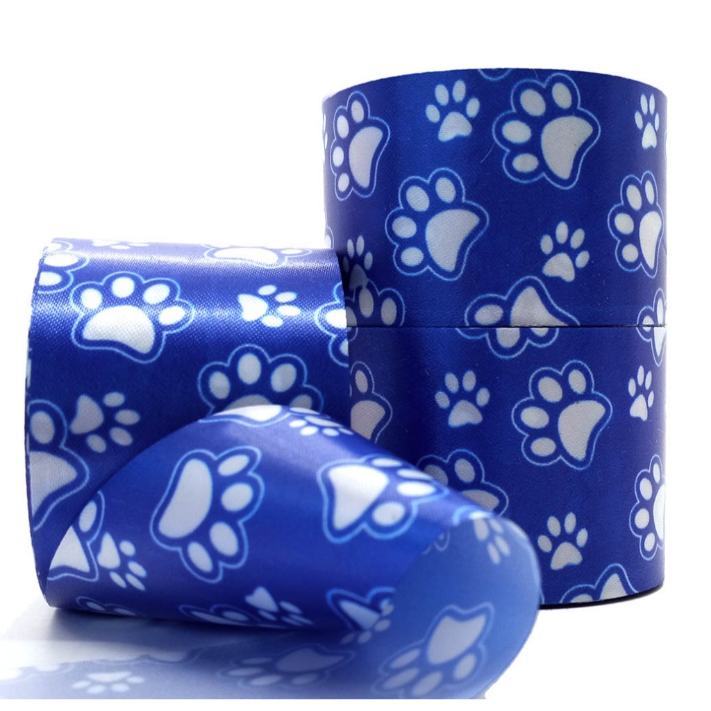 Fita de Cetim Estampada Patinha Azul N9 (39mm) – Rolo com 10m para Laços Pet