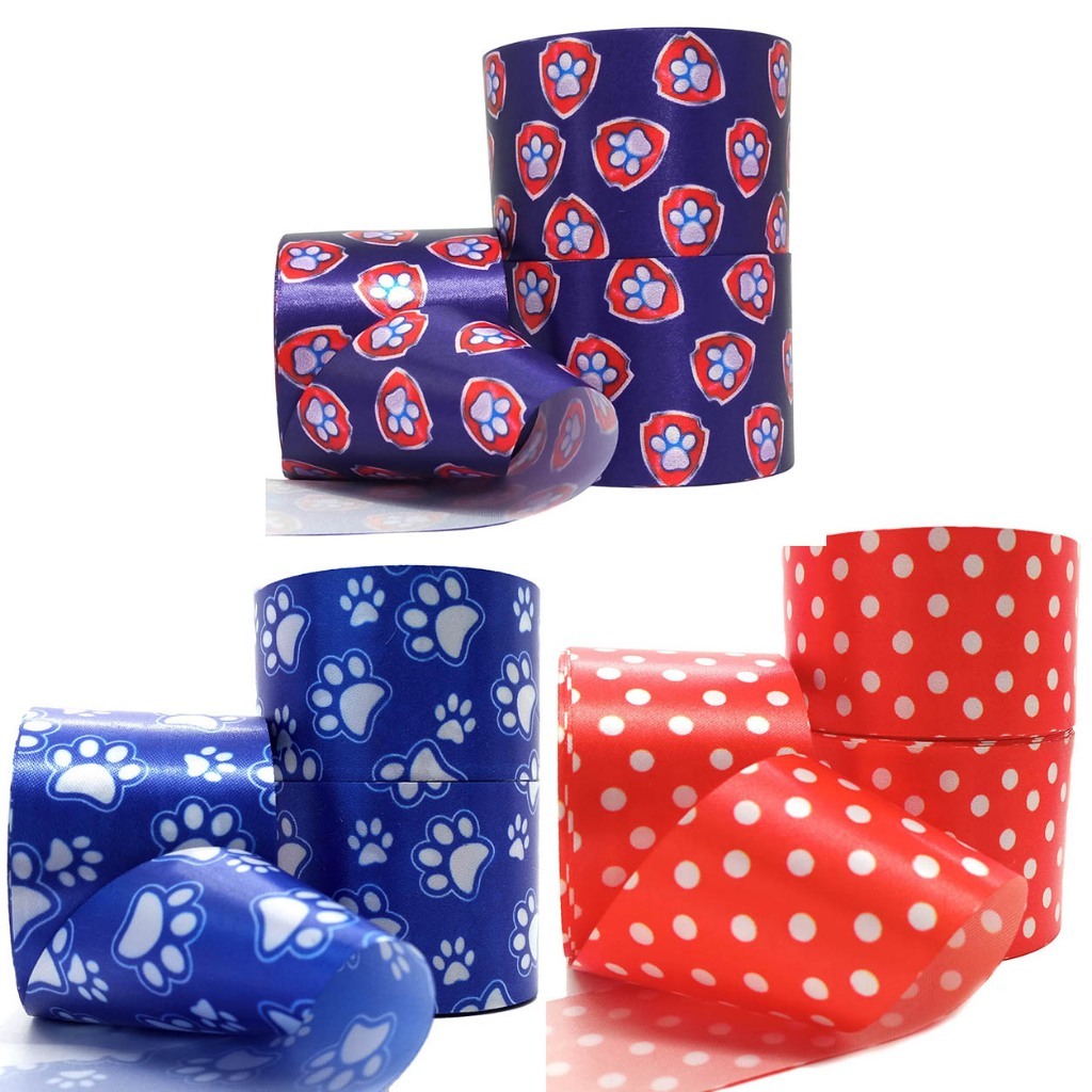 Kit 3 Fitas Cetim Estampadas 39mm N9 30m Patinhas Poá para Laços Pet e Artesanato