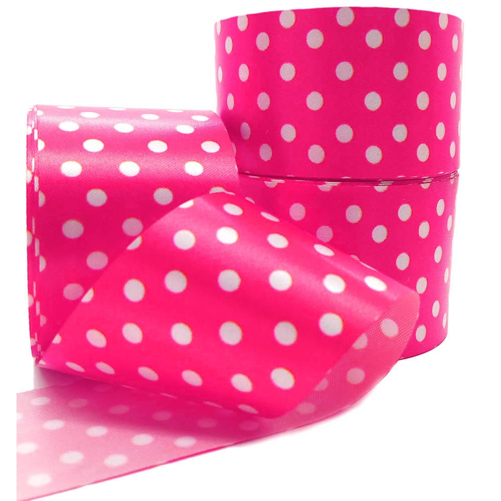 Fita de Cetim Estampada  Pink Poá 39mm/Nº9 Peça com 10 metros